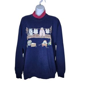 Vintage 80s Pullover Sweatshirt Womens Size XL Navy Blue Double Collar Granny Co
